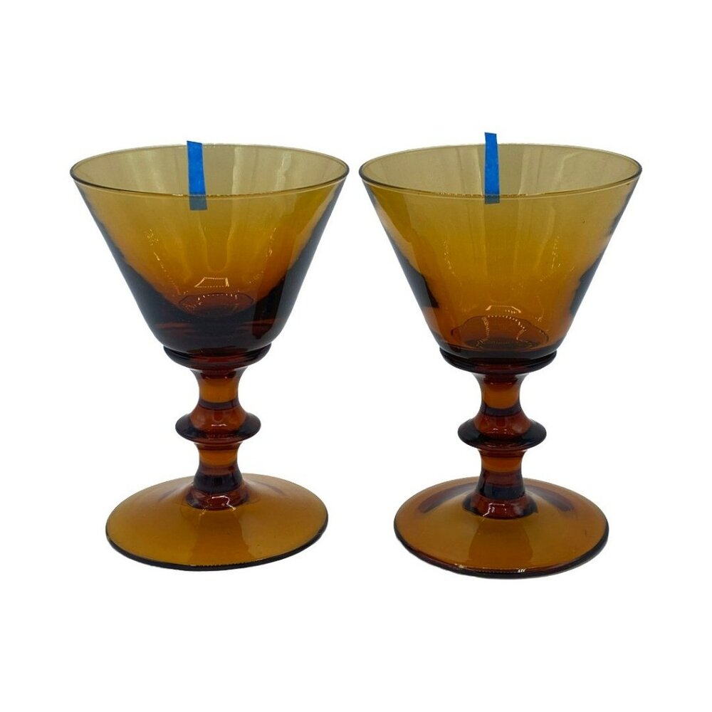 Vintage MCM Amber Glass Goblets Dessert Glasses Wafer Beaded Stem Barware Pair